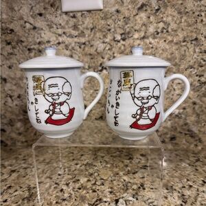 Vintage Japanese Porcelain Tea Cup w/Lid Grandpa-Obachan Ojisan set of 2